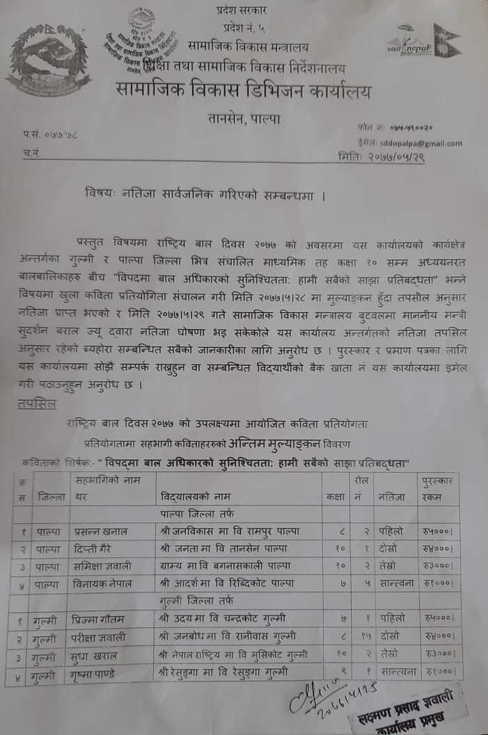 Prizma Gautam won 'Open Poem Competition' among Gulmi & Palpa